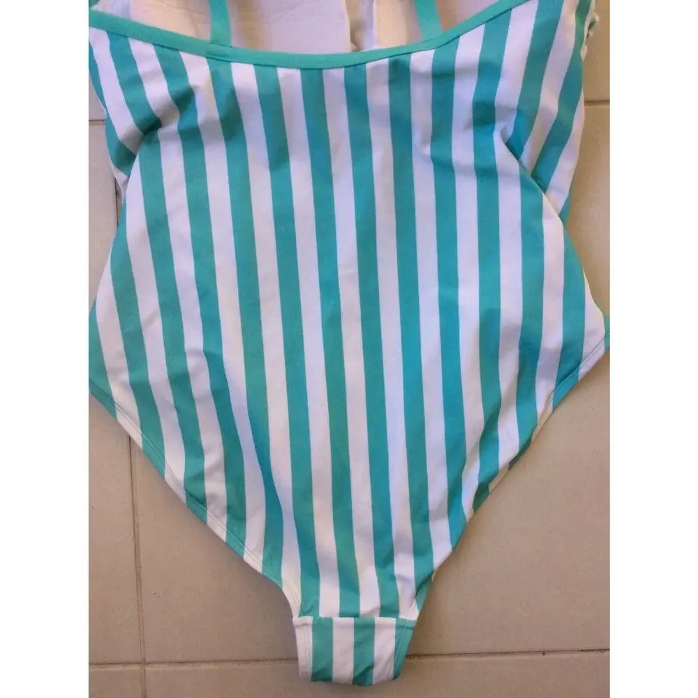 Kona Sol Swim One Piece Swimsuit Ruched Striped Summer Beach